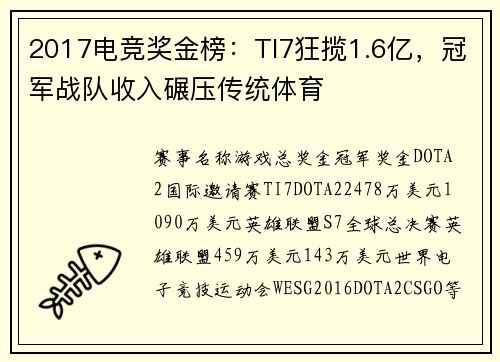 2017电竞奖金榜：TI7狂揽1.6亿，冠军战队收入碾压传统体育