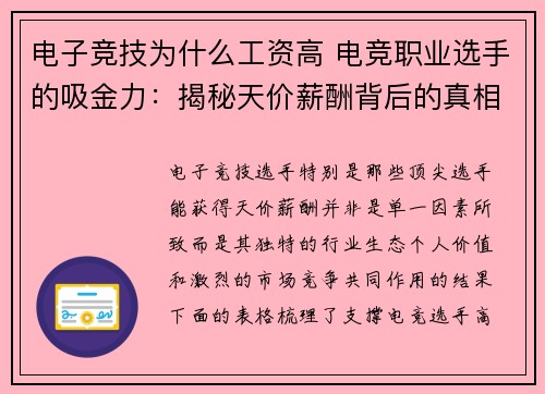 电子竞技为什么工资高 电竞职业选手的吸金力：揭秘天价薪酬背后的真相